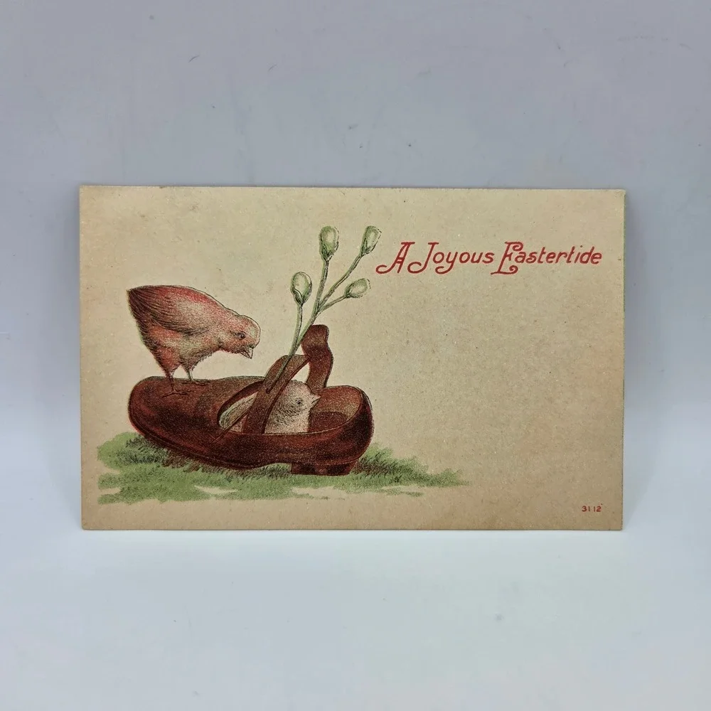 Antique Easter Postcard A Joyous Eastertide Chicks in Shoe 1 Cent Ben Franklin